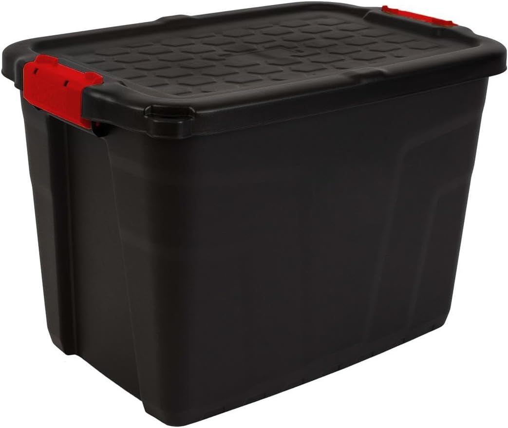 Heavy Duty Large Storage Box with Lid, 190L, Lockable, Indoor/Outdoor. Black Box with Red Handles, Wheels