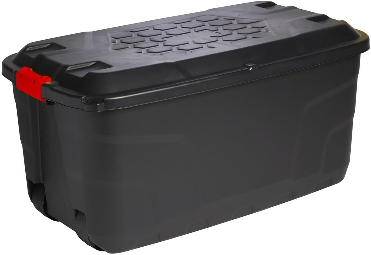 Heavy Duty Large Storage Box with Lid, 190L, Lockable, Indoor/Outdoor. Black Box with Red Handles, Wheels