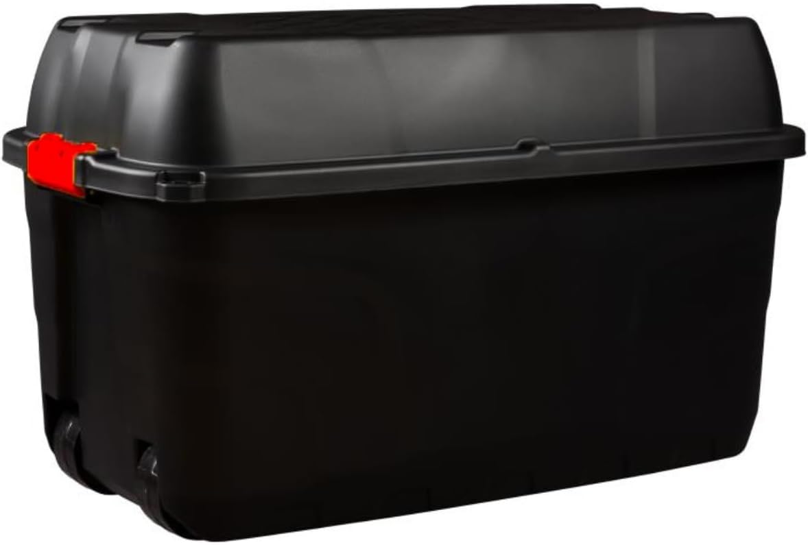 Heavy Duty Large Storage Box with Lid, 190L, Lockable, Indoor/Outdoor. Black Box with Red Handles, Wheels