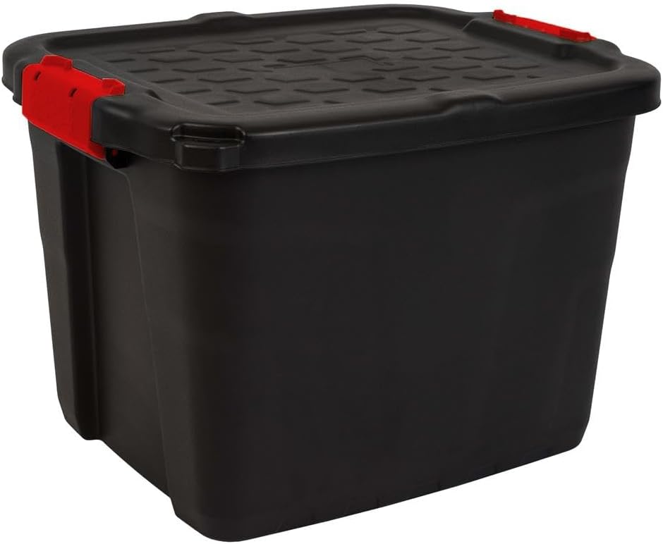 Heavy Duty Large Storage Box with Lid, 190L, Lockable, Indoor/Outdoor. Black Box with Red Handles, Wheels