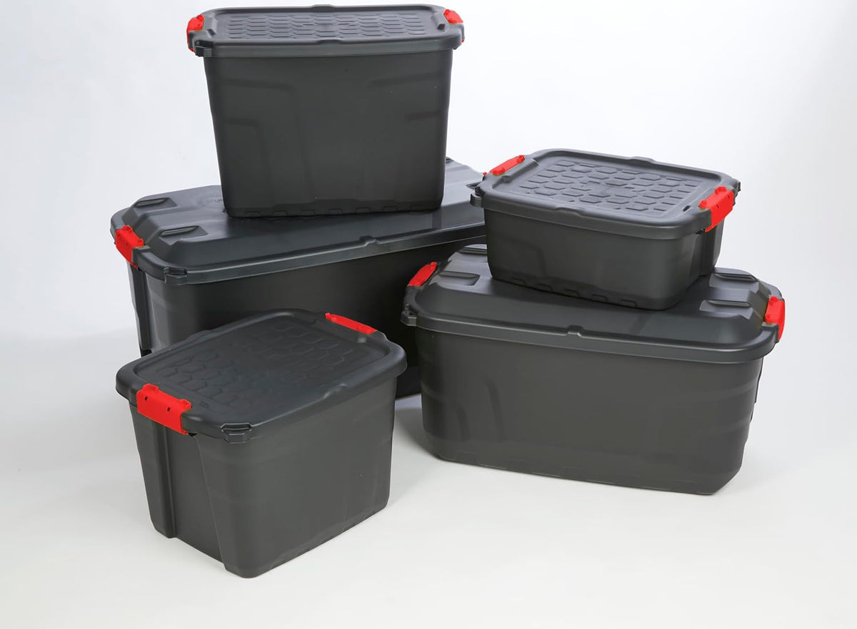 Heavy Duty Large Storage Box with Lid, 190L, Lockable, Indoor/Outdoor. Black Box with Red Handles, Wheels