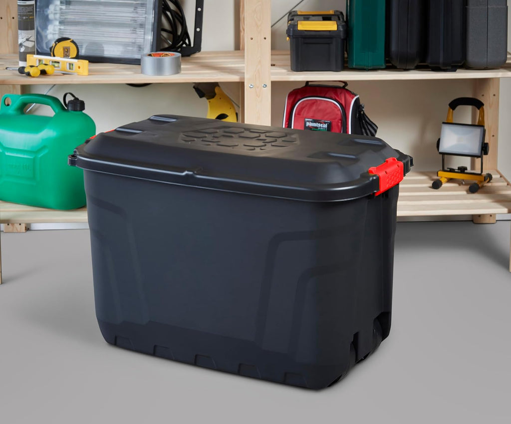 Heavy Duty Large Storage Box with Lid, 190L, Lockable, Indoor/Outdoor. Black Box with Red Handles, Wheels
