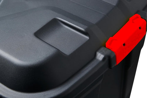 Heavy Duty Large Storage Box with Lid, 190L, Lockable, Indoor/Outdoor. Black Box with Red Handles, Wheels