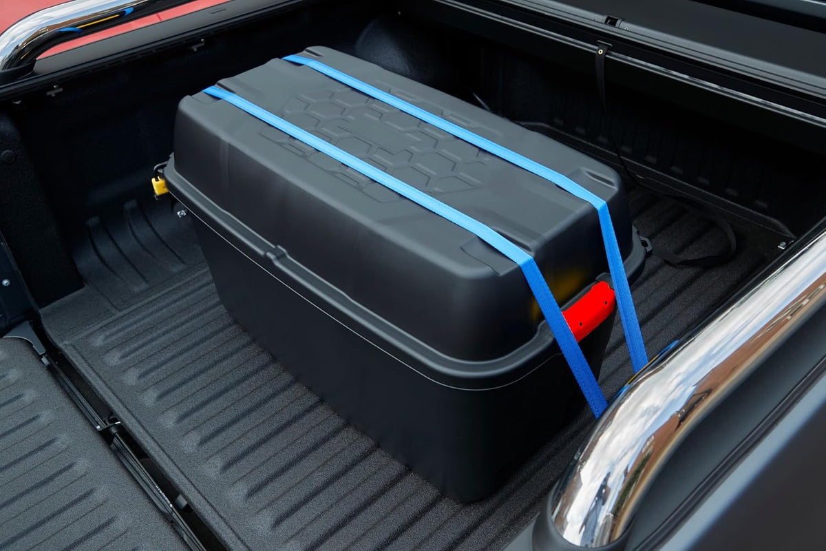 Heavy Duty Large Storage Box with Lid, 190L, Lockable, Indoor/Outdoor. Black Box with Red Handles, Wheels