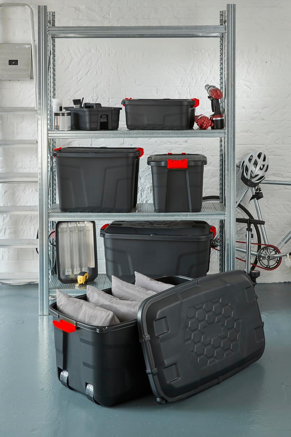 Heavy Duty Large Storage Box with Lid, 190L, Lockable, Indoor/Outdoor. Black Box with Red Handles, Wheels