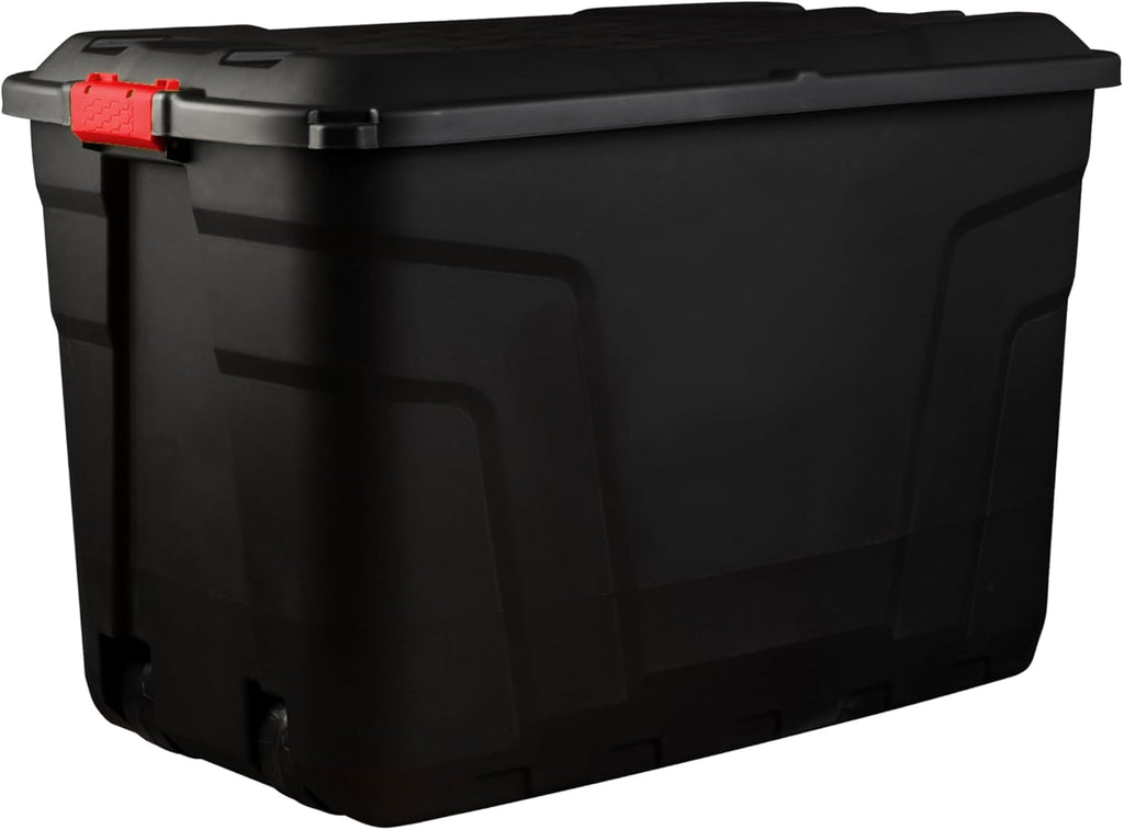 Heavy Duty Large Storage Box with Lid, 190L, Lockable, Indoor/Outdoor. Black Box with Red Handles, Wheels