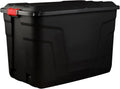 Heavy Duty Large Storage Box with Lid, 190L, Lockable, Indoor/Outdoor. Black Box with Red Handles, Wheels