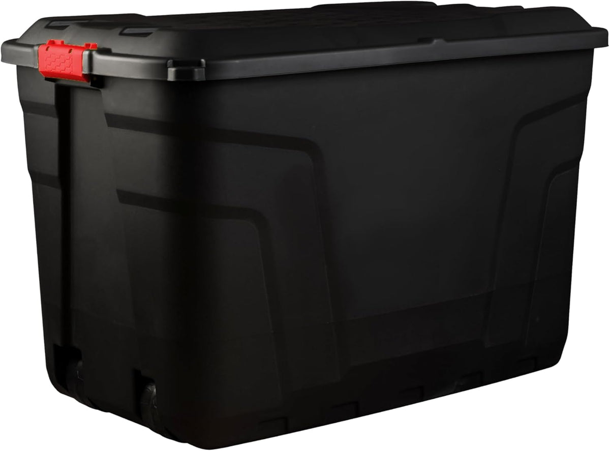 Heavy Duty Large Storage Box with Lid, 190L, Lockable, Indoor/Outdoor. Black Box with Red Handles, Wheels