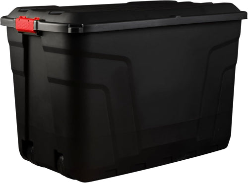 Heavy Duty Large Storage Box with Lid, 190L, Lockable, Indoor/Outdoor. Black Box with Red Handles, Wheels